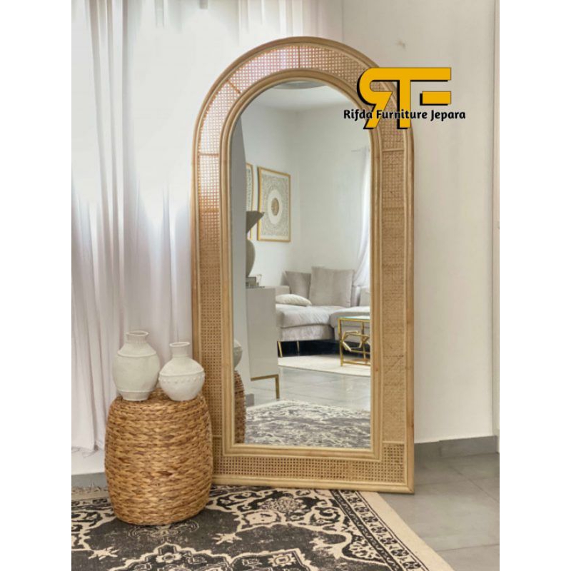 Figura Cermin Full body Minimalis Rotan / Standing Miror / Cermin Hias Rotan