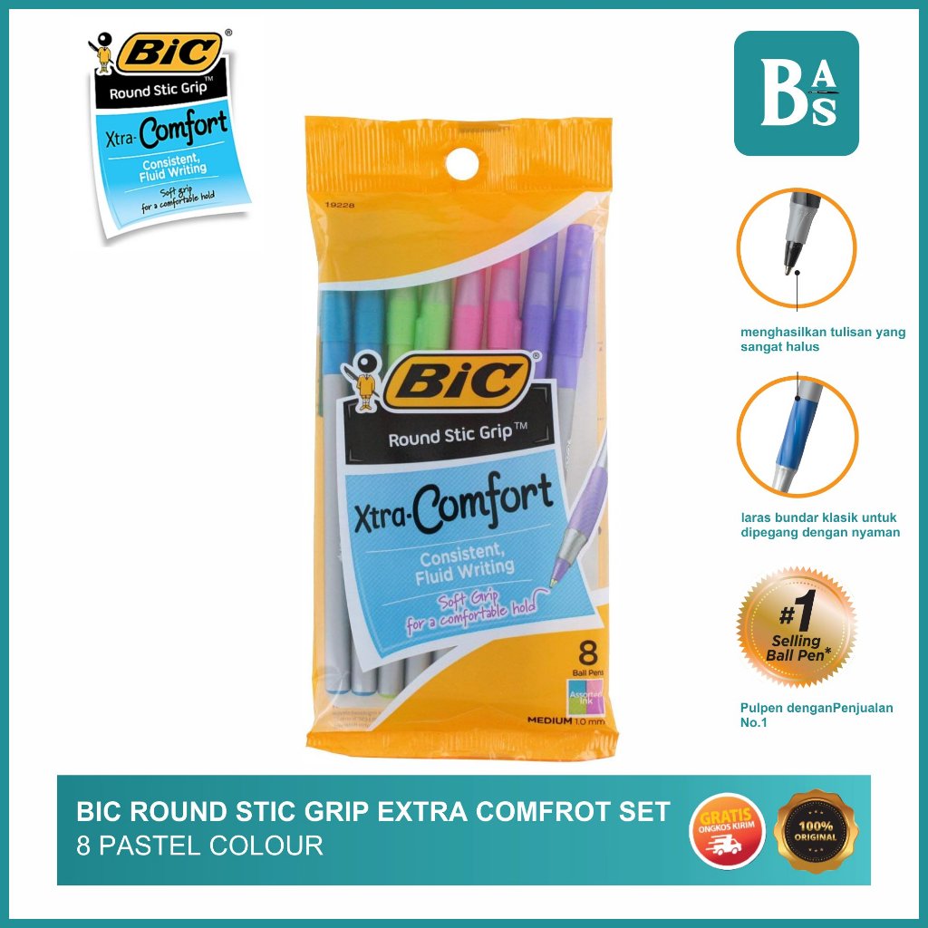 

Bic Round Stic Grip Extra Comfrot Pen Set 8 Pastel Colour