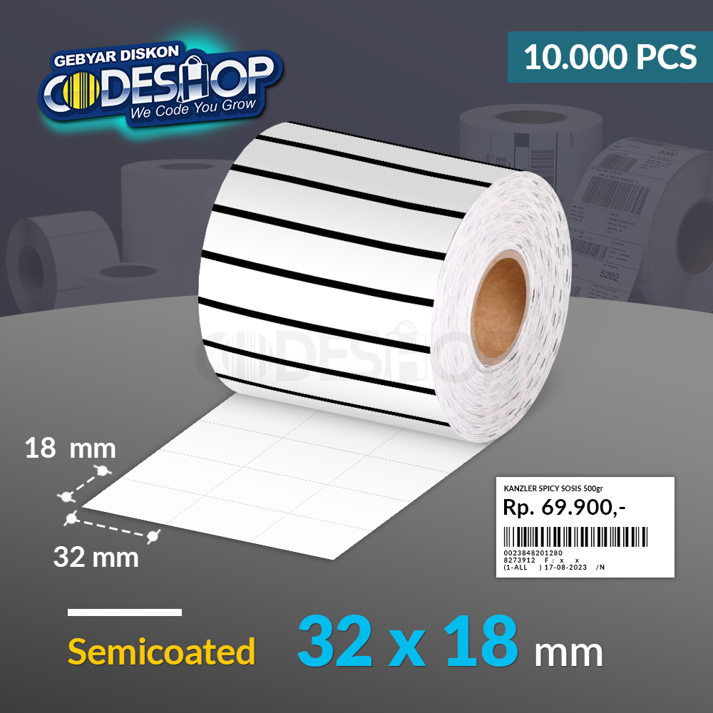 

Codeshop Label Semicoated 32 x 18 mm 3 Line Blackmark Stiker Printer Barcode Isi 10.000 Pcs