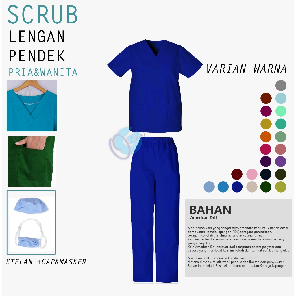 Baju Jaga Ok Oka Scrubs Lengan Pendek Cewek/Cowok Warna Biru Benhur / Pakaian Seragam Dinas Medis Pe