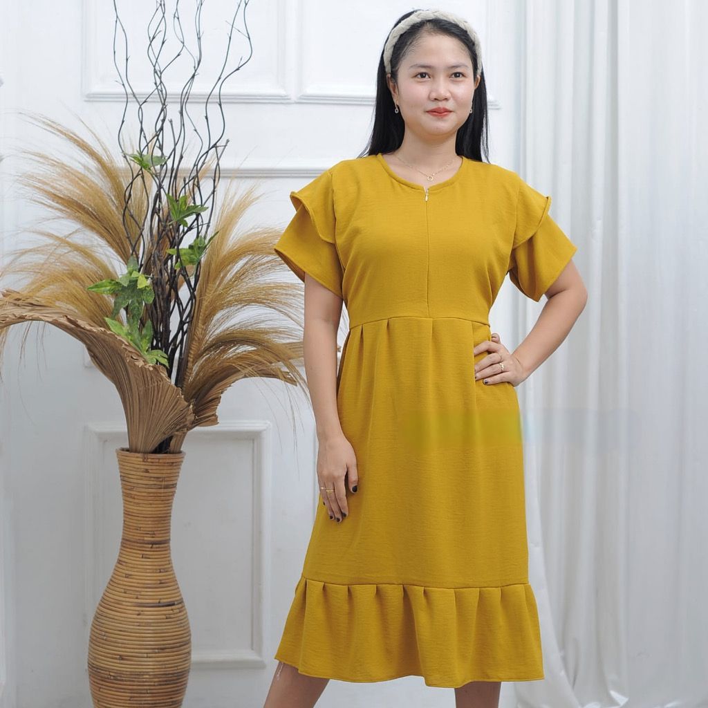Putra Jaya - Daster Anjani Crinkle Polos Lengan Tumpuk Busui Friendly Bawah Rempel Midi Dress Airflo