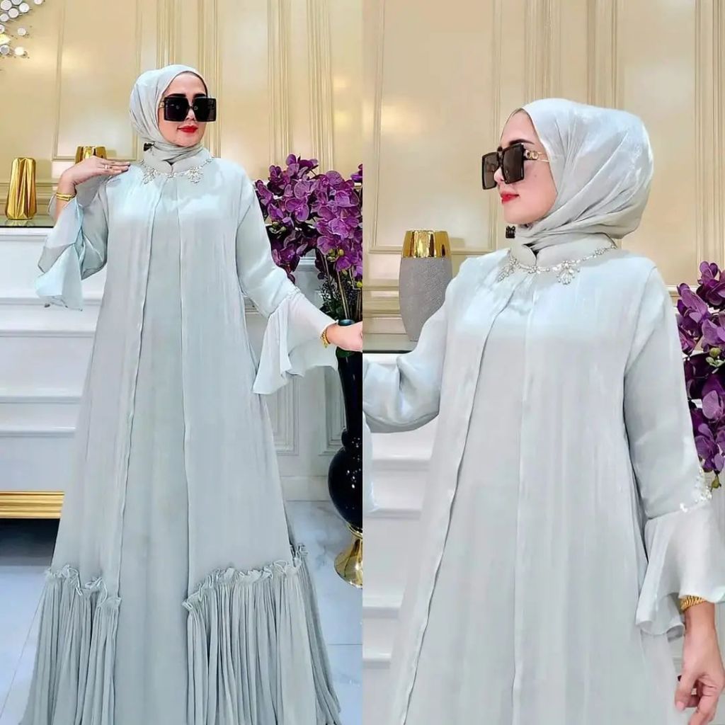 GAMIS SILK PEREMPUAN TERBARU GAMIS MEWAH KONDANGAN SAGE DRESS SHIMER SILK NAYRA FASHION BAJU LEBARAN 2024 GAMIS PUTIH MUSLIMAH VIRAL BAHAN MATT SANTORINI  MIX ORGANZA GAMIS SILK IMPOR TERKINI