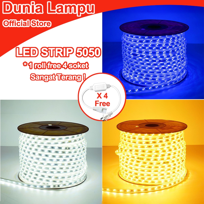 Dunia Lampu LAMPU LED STRIP 5050 SMD AC 220V 100METER LAMPU LED STRIP LENGKAP TINGGAL COLOK (FREE 4 