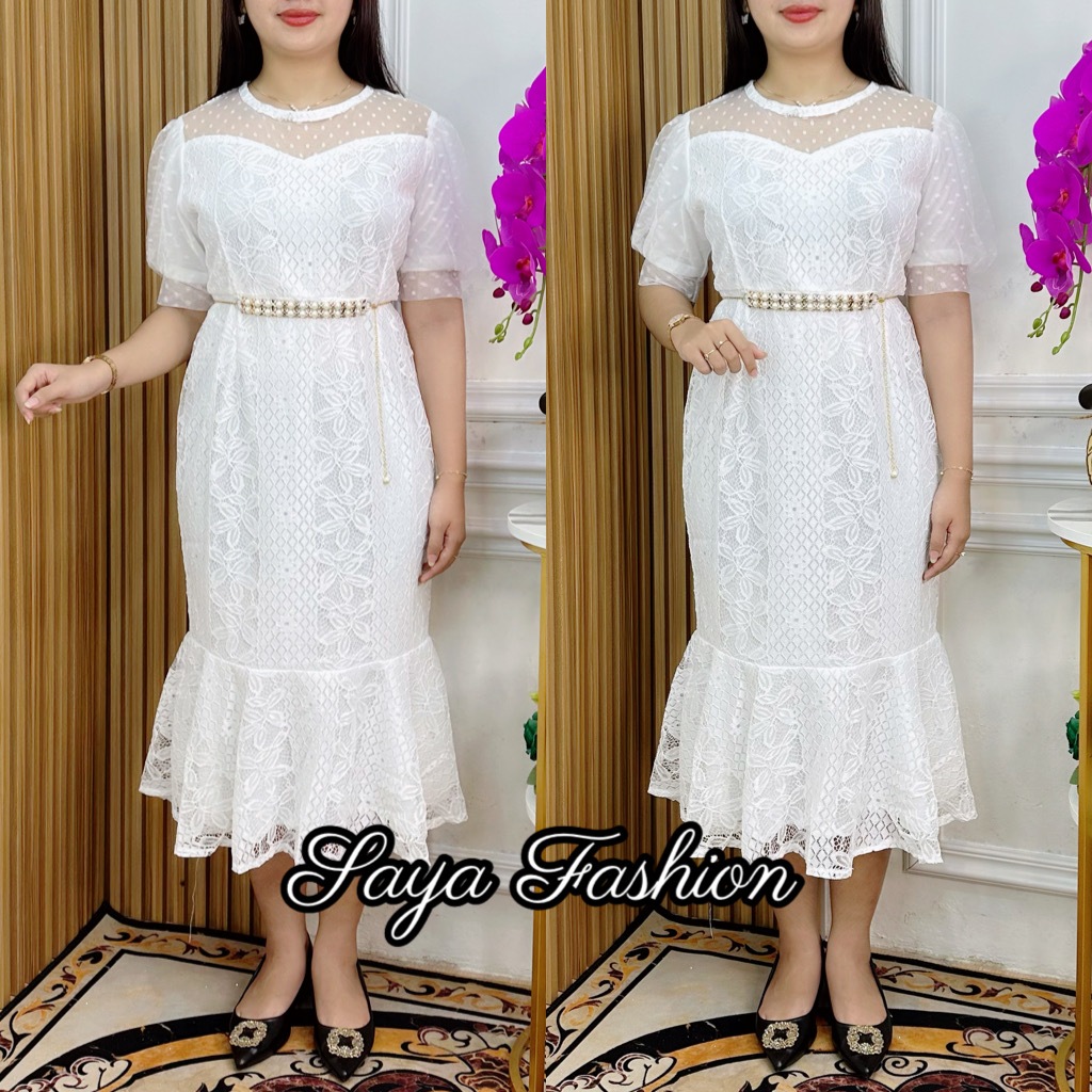 Dress Brukat Duyung Polos Putih FREE Belt Mutiara Gaun Pesta Mewah
