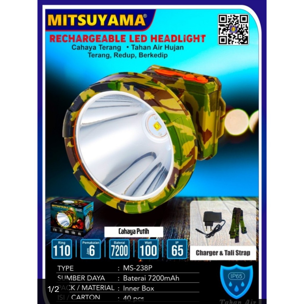 Senter Kepala LED Profesional Cahaya Putih Mitsuyama MS-238P 100 Watt