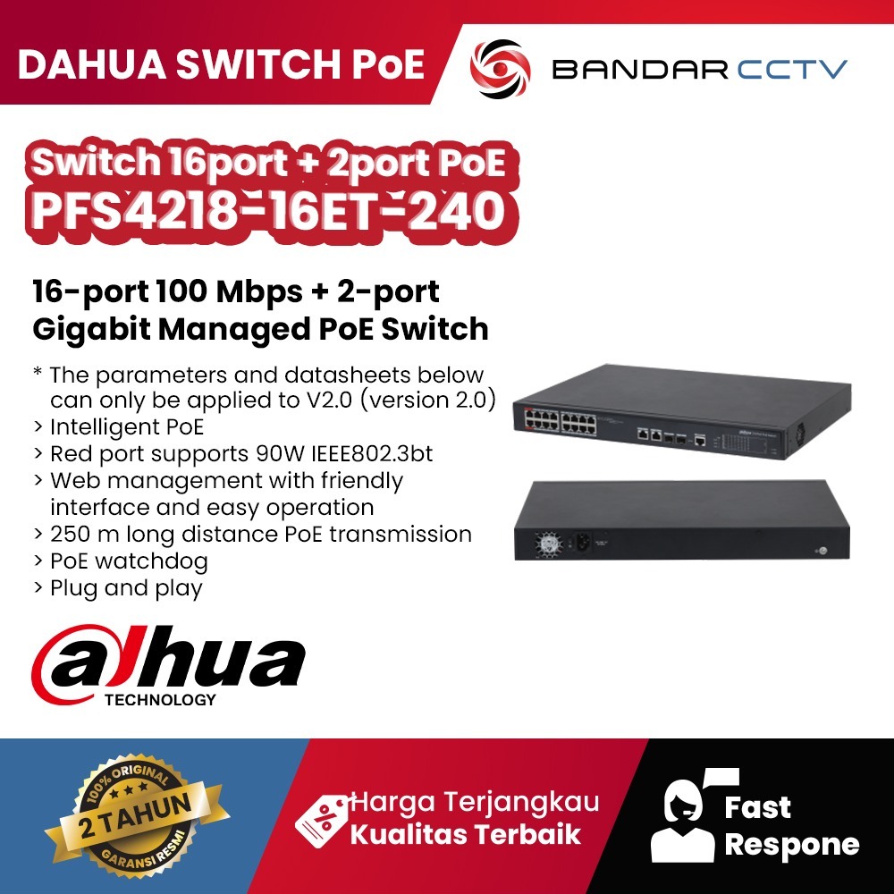 Dahua Switch 16port + 2port POE  DH-PFS4218-16ET-240