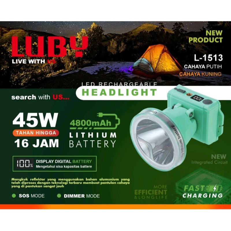 LUBY Senter Kepala 45W L-1513 Alumunium Reflector Cas USB Port Type C Fast Charging L1513 / 1513 45 