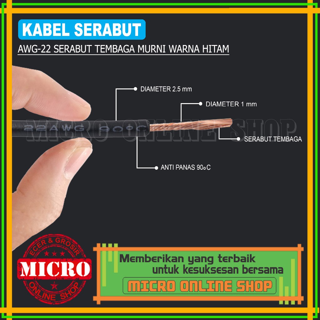 PAKET 3 METER Kabel Serabut AWG-22 Hitam / Kabel Kelistrikan Motor Mobil / Kabel AWG Serabut Tembaga