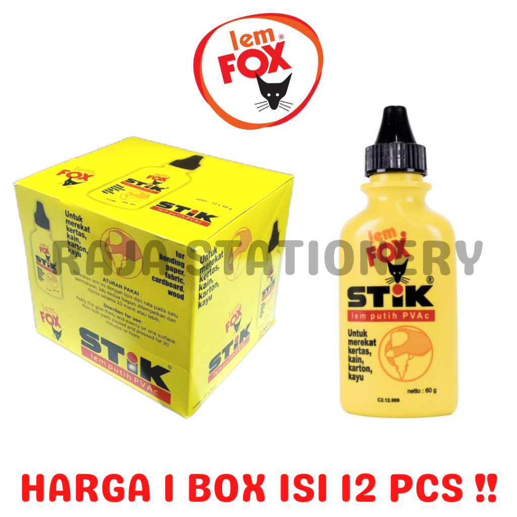 LEM FOX STICK 60gr GLUE BOTOL LEM CAIR PUTIH KAYU PVAC KERTAS [12PCS]
