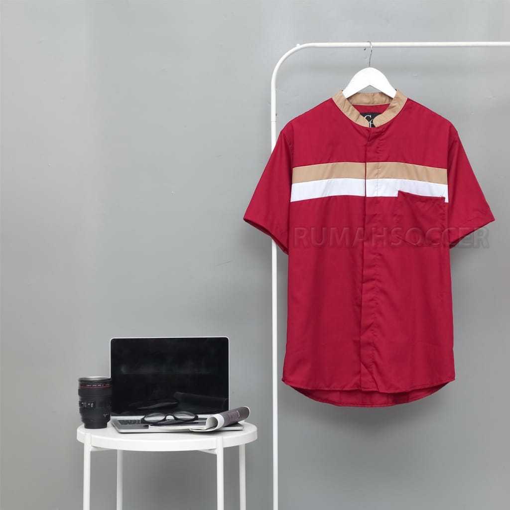 MENZONE - Baju Koko Pria QAHTAN Motif Kombinasi Unik Kekinian Terbaru Koko Shirt Merah Maroon Cotton