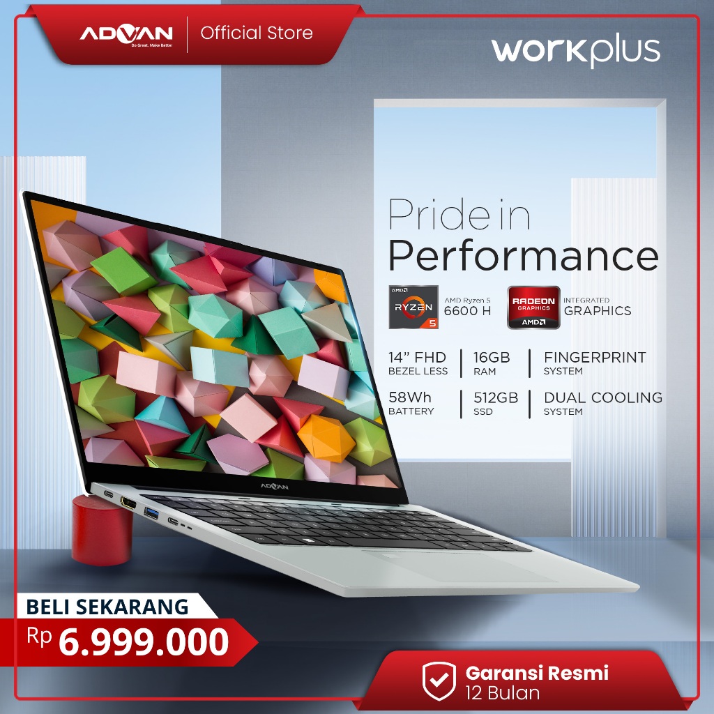 ADVAN Laptop Workplus AMD Ryzen 5 6600H 14   FHD IPS 16Gb 512Gb Win 11