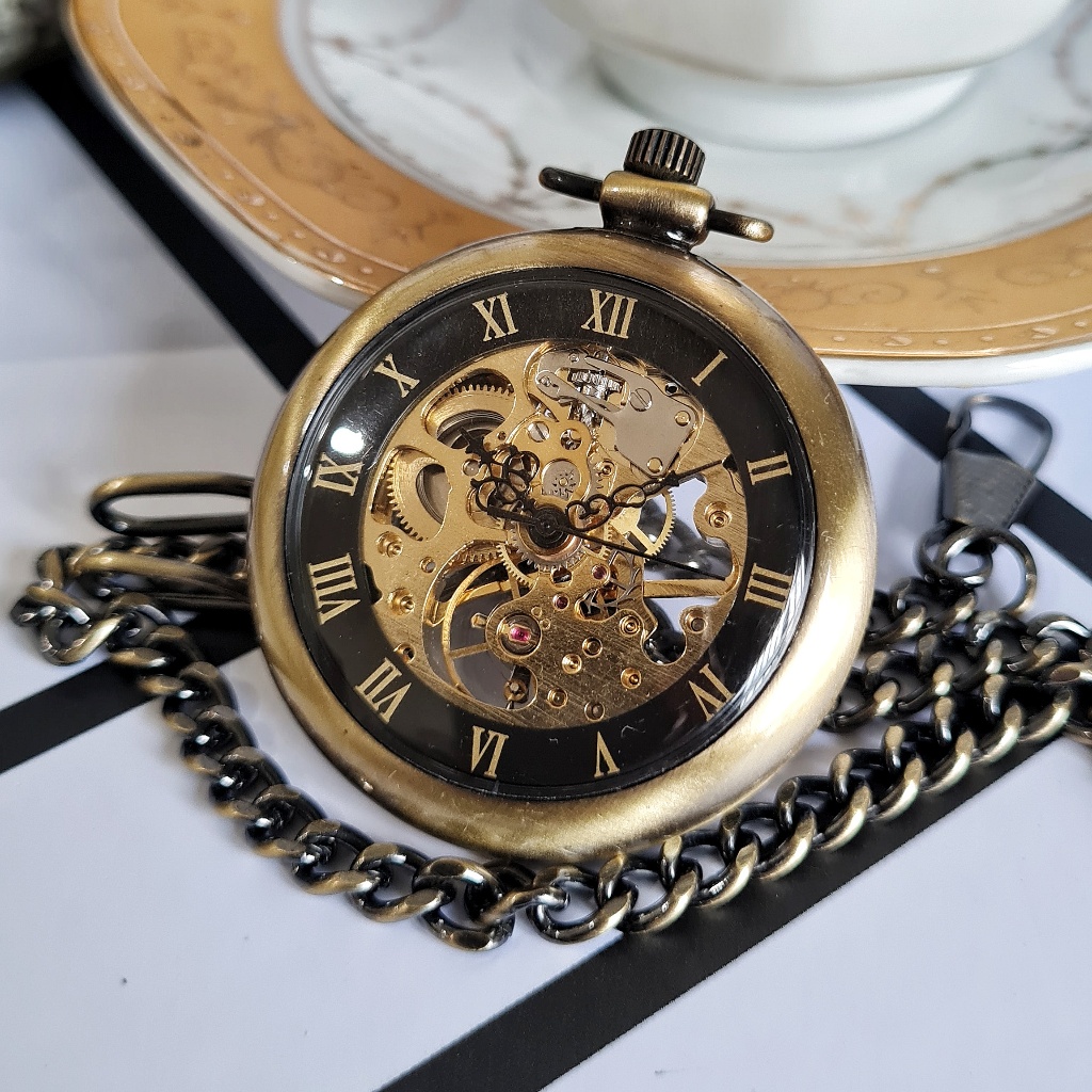 POCKET WATCH Ruffian Jam Kantong Saku Automatic Otomatis Mechanical Mekanik Skeleton Open Face Perun