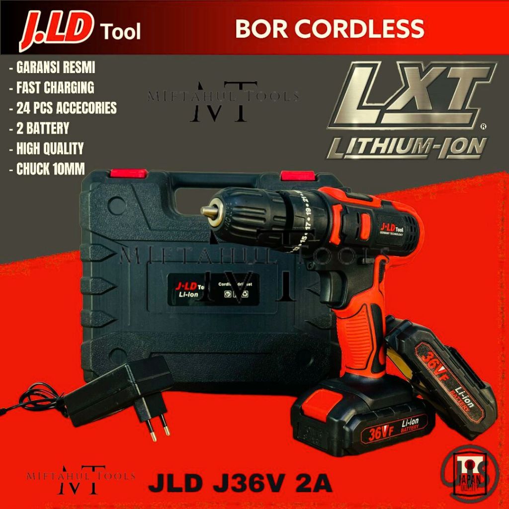 JLD bor baterai jld 36v 10mm bor cordless 36 volt fullset 2 baterai 1161 untuk tembok beton bor cas cordless
