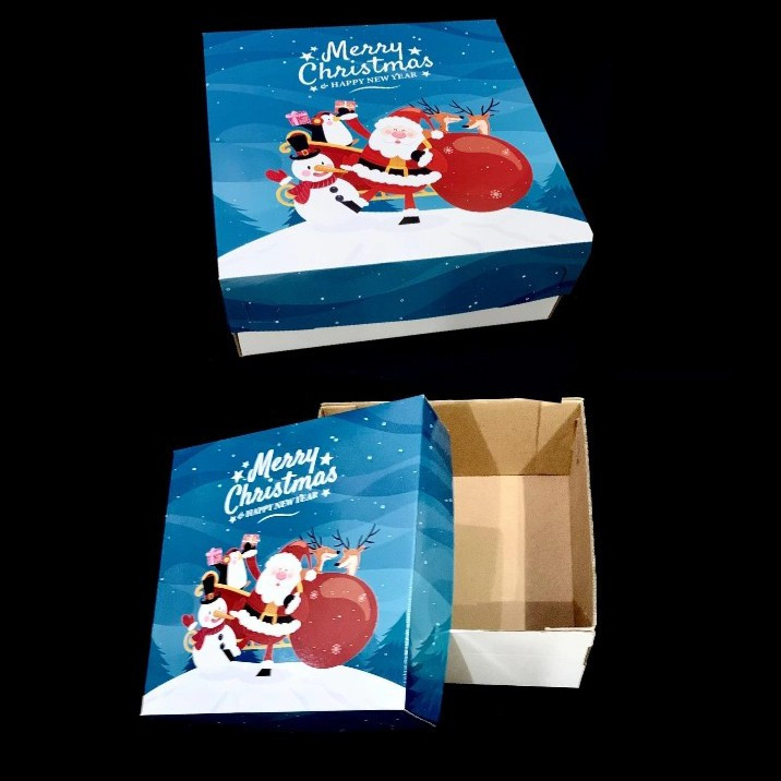 

(5 pcs) kardus duplex tutup motif santa biru dus kue bolu box chiffon cake hantaran natal christmas xmas ukuran 25x25x12cm