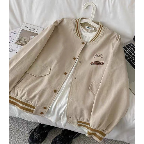 Jaket Baseball Wanita Oversize warna Krem Simpel Outfit Wanita Hamster Panda Baseball