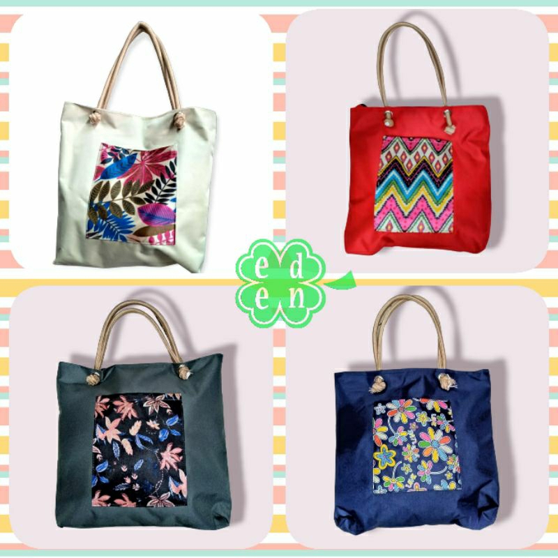 Tote bag//Tas Kanvas Homemade/Tas Serbaguna Kotak Motif Kombinasi Polos Tali Sumbu UK 30x33