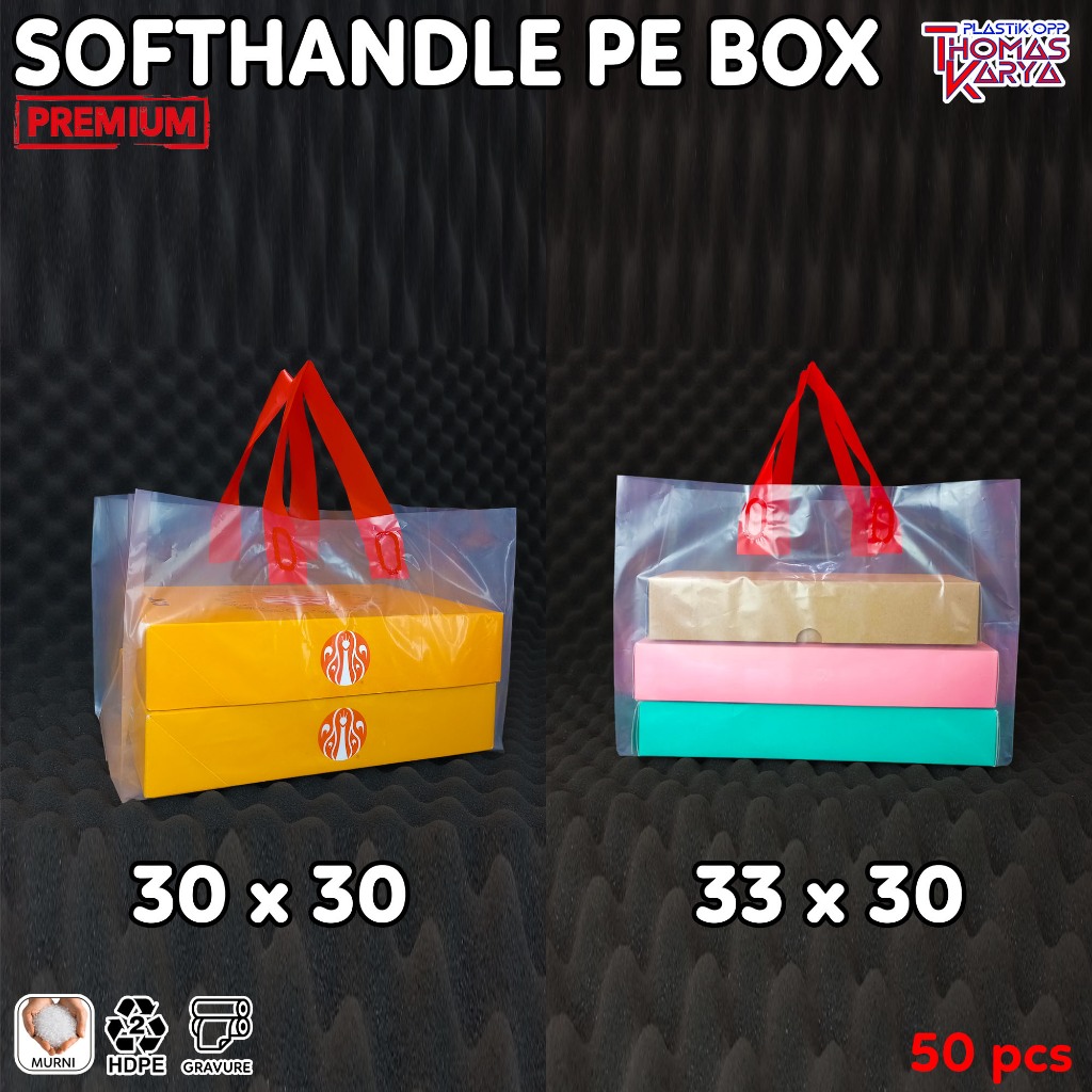 Kantong Plastik PE Bening isi 50 Soft Handle Tali Merah muat Dus Donat / Mika Bento / Box Brownies