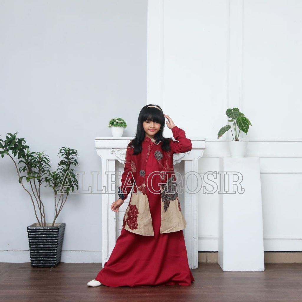 Gamis batik Anak modern motif mawar merah, dress muslim, gamis batik kombinasi