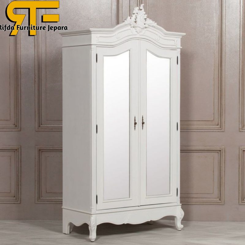 Lemari Pakaian Pintu 2 Kaca ukir French ( Lemari Ukir Kaca, Lemari Baju Ukir, Lemari Baju Jati )