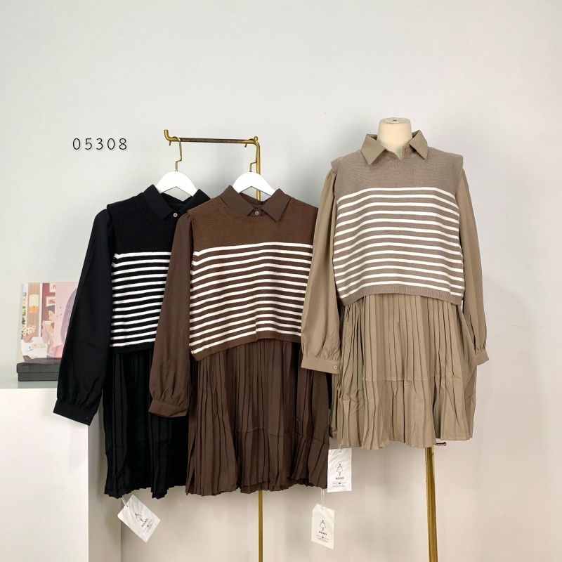 05308 Dress Wanita Model Rok Pleats Plisket 2IN1 Kekinian Premium/ Tunik Plisket Polos 2IN1 Mix Vest