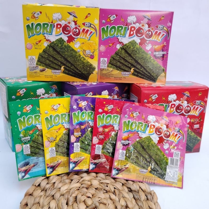 

Nori Boom Seaweed Snack 3gram (Original, Ayam Goreng, BBQ, Pedas, Keju)