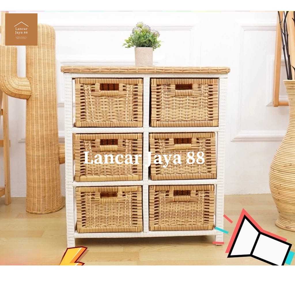 Lemari Plastik Susun 6 Laci Minimalis Estetik Rotan Sintetis