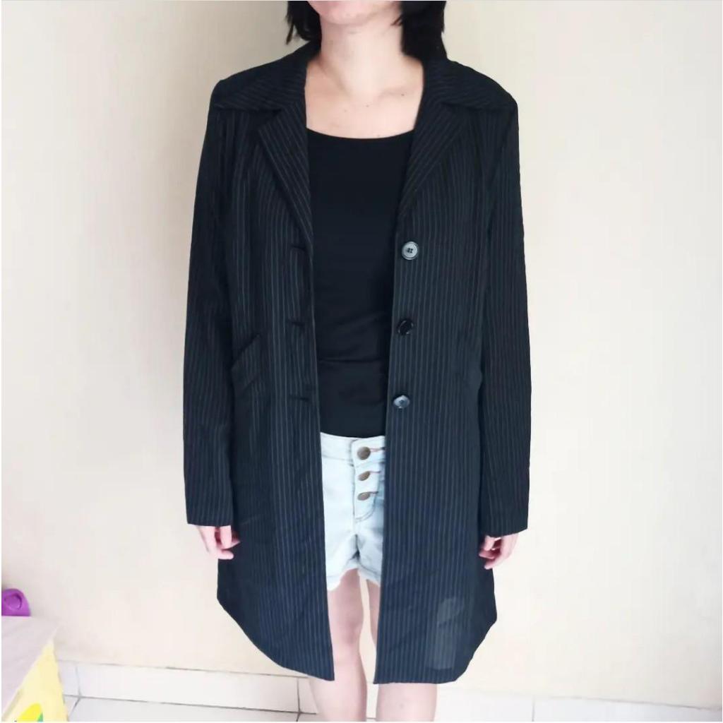 Long Blazer Outer Luaran Panjang Wanita Stripe Salur Hitam