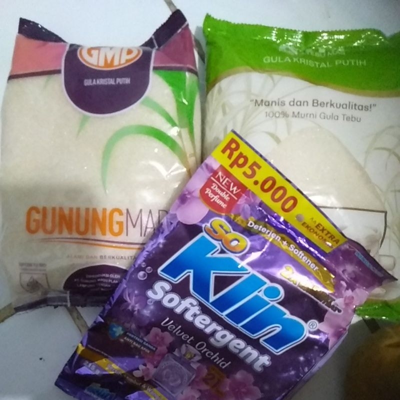 

Gula murni 1 kg dan 3 pcs sabun so Klin 5000 an