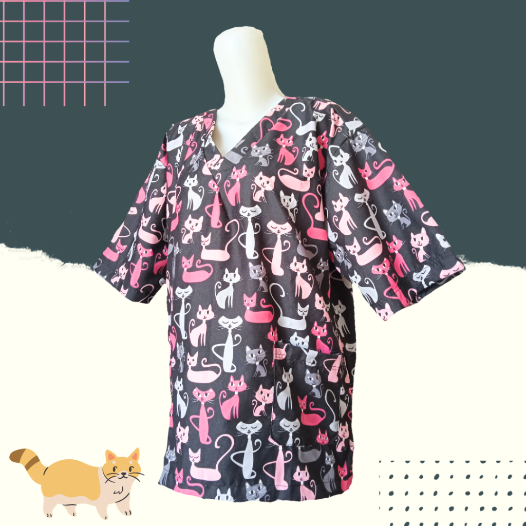 BAJU PRAKTEK DOKTER HEWAN WARNA BLACK PINK MEOWCAT VET SCRUB MOTIF KUCING MOTIF MENARIK BAJU PRAKTEK