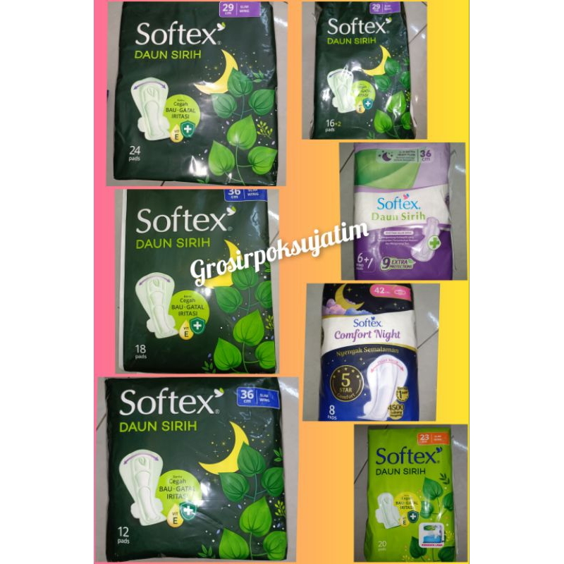 Softex Daun Sirih + Vitamin E Pembalut 29cm isi 24pads 16+2pads 23cm 20pads 36cm 18pads 12pads 6+1pa