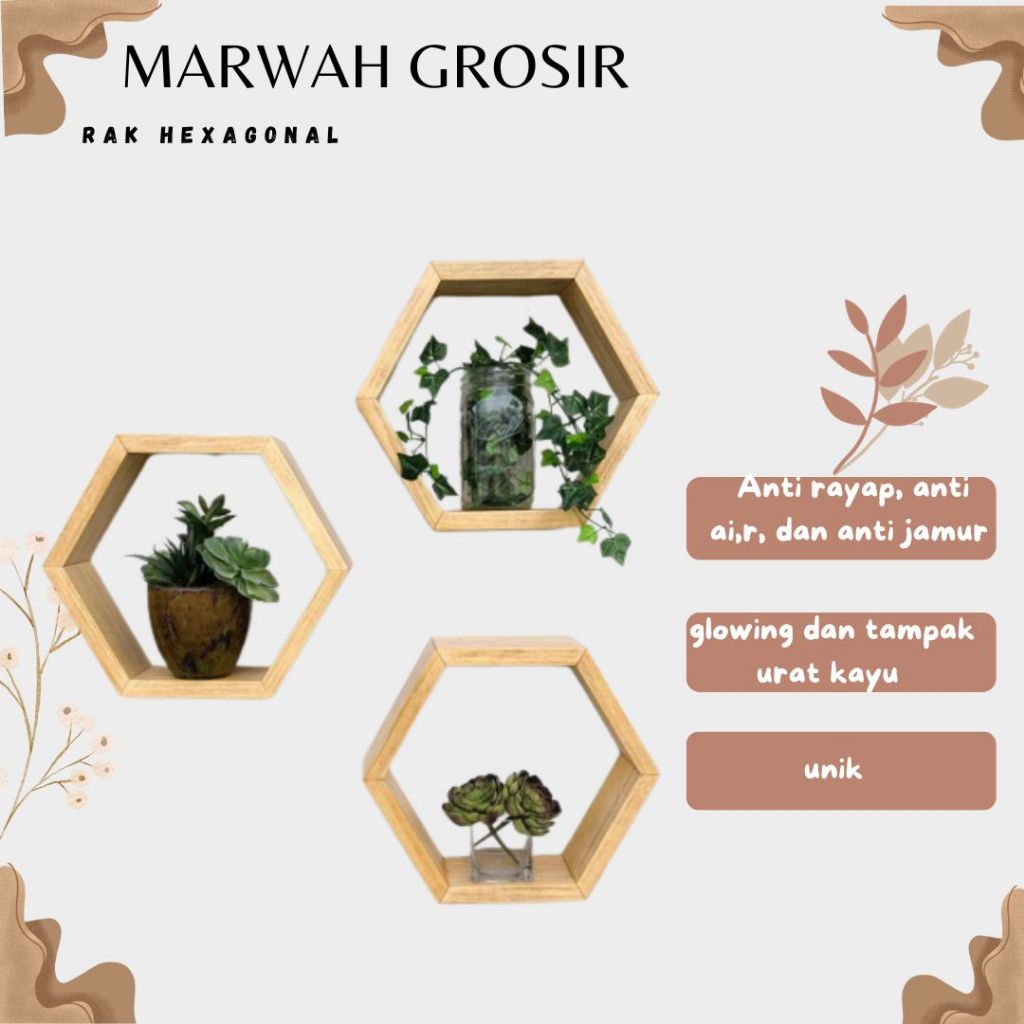 Terlaris Rak Hexagonal Kayu / Rak Hexagonal 1set 3pcs / Rak Hexagonal Jati Belanda