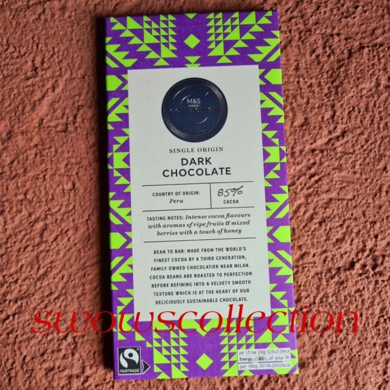 

M&S MARK MARKS & AND SPENCER COLLECTION SINGLE ORIGIN PERU DARK CHOCOLATE 85% COCOA COKLAT COKELAT