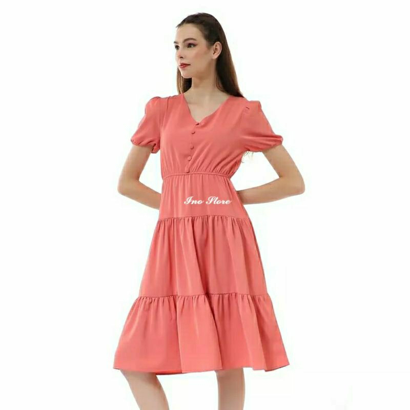Luvenna, Dress Midi Wanita#Kancing Depan#Tanga Pendek#Dress Korea Kekinian