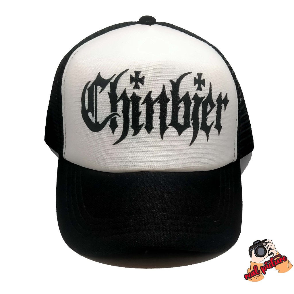 Topi Jaring Trucker Pria Chinbier / Topi Band Black Metal / Topi Hitam Putih