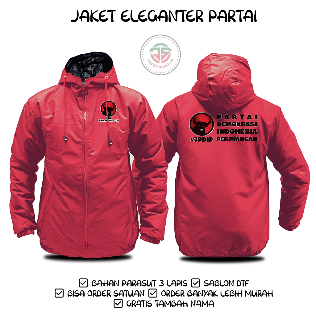Jaket partai PDI Perjuangan / Jaket Pria Eleganter PDIP / Jacket Custom Tebal 3 Lapis Sablon DTF