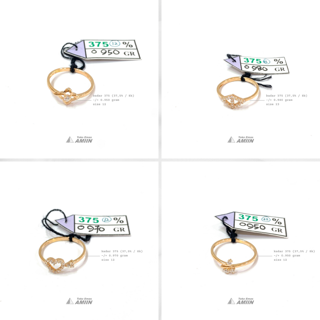 Toko Emas Amiin Cincin Emas Asli PM Kadar 375 (37,5% / 8K) 0.900 Gram - Fashion Korea Bunga Love Permata Putih