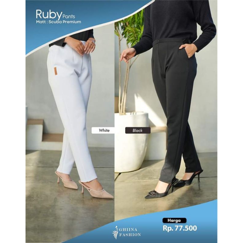 Ruby Pants Ghina - Celana Kerja Wanita Panjang Warna Hitam dan Putih Bahan Scuba Nyaman Murah Berkua