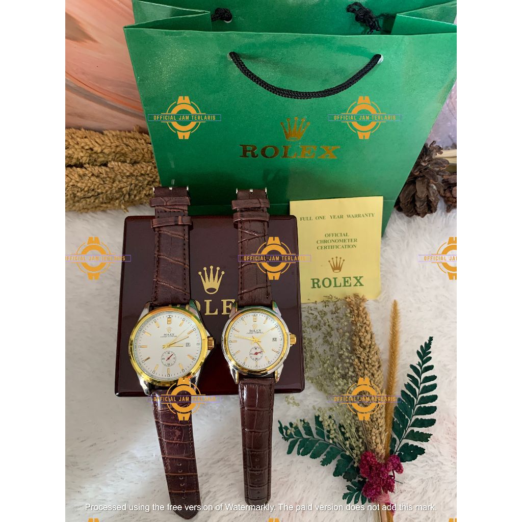 FREE BOX KAYU ORI Jam Tangan Couple Rolex Kulit Automatic Tanpa Baterai Tipe R809 Tanggal Detik ON