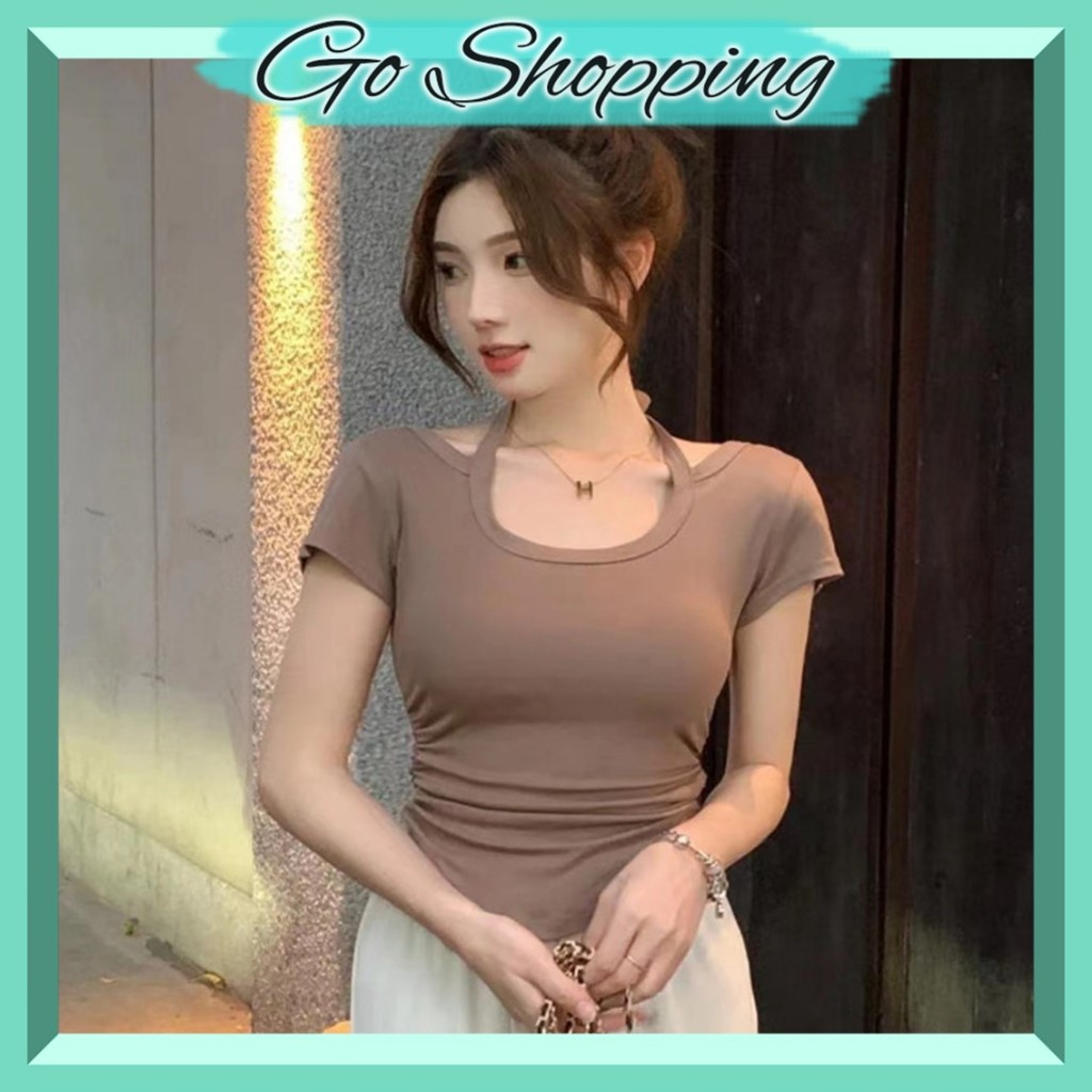 GOBJ1413 Baju Atasan Kaos Spandek Korean Wanita Sexy Lengan Pendek Leher Tali Leher Fashion