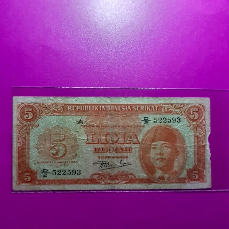 uang kuno 5 rupiah ris tahun 1950