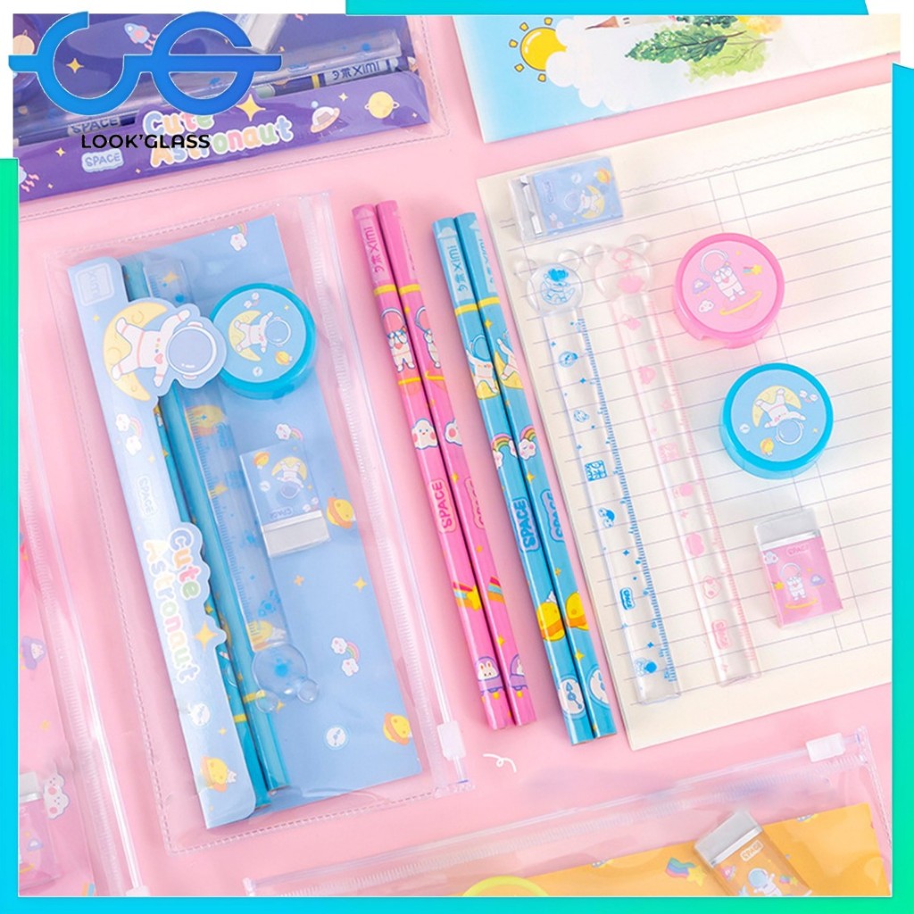 

ABS Alat Tulis Set Mini Anak Sekolah Penghapus Penggaris Pensil Serutan Stationary Set Alat Tulis 5 In 1 Karakter Lucu Warna-Warni Astronot Stationary