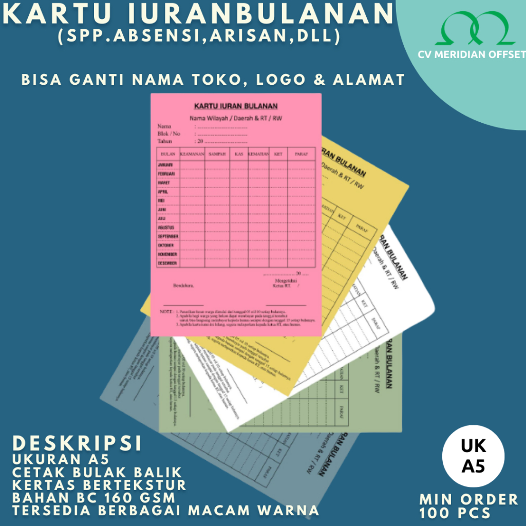 

Cetak kartu iuran RT/Kartu iuran warga/kartu absensi/kartu angsuran/kartu arisan/kartu spp ukuran A5