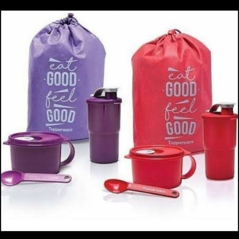ORI TUPPERWARE EAT GOOD FEEL GOOD SPORTY LUNCH SET PURPLE & RED