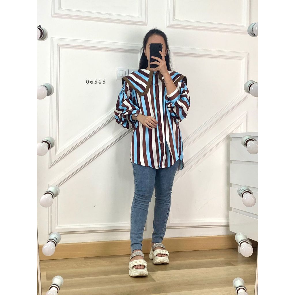 Blouse Kerah I Baju Kemeja Blouse Wanita I Blouse Kemeja Wanita I Atasan Garis Garis Wanita