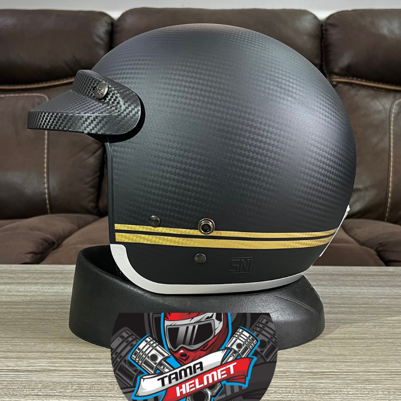 HELM RETRO INJAK CARBON FULL LEHER SOLID BLACK DOFF ORIGINAL SNI