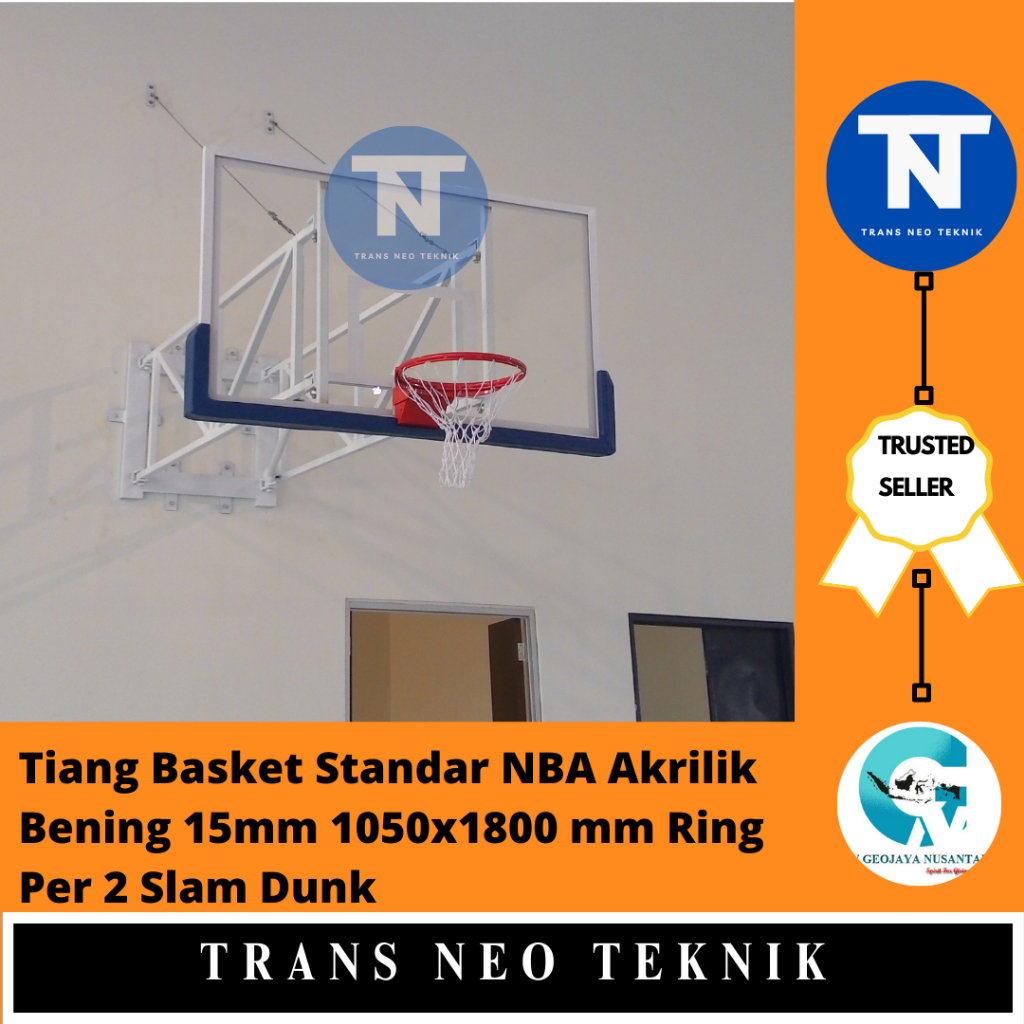 Tiang Basket Standar NBA Akrilik Bening 15mm 1050x1800 mm Ring Per 2 Slam Dunk