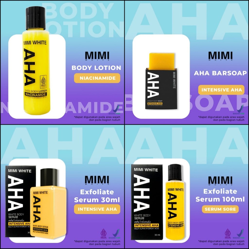 MIMI WHITE AHA Body Lotion / Bar Soap / Exfoliate Serum BPOM