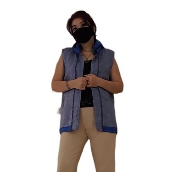 Jaket Batik Wanita Hoodie Kutung Tanpa Lengan Kombinasi Topi Linen Lurik Biru  GESYAL