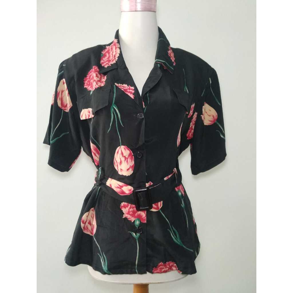 SALE Kemeja Satin Wanita Bunga Bunga Silk Flower Blouse (size S-M)