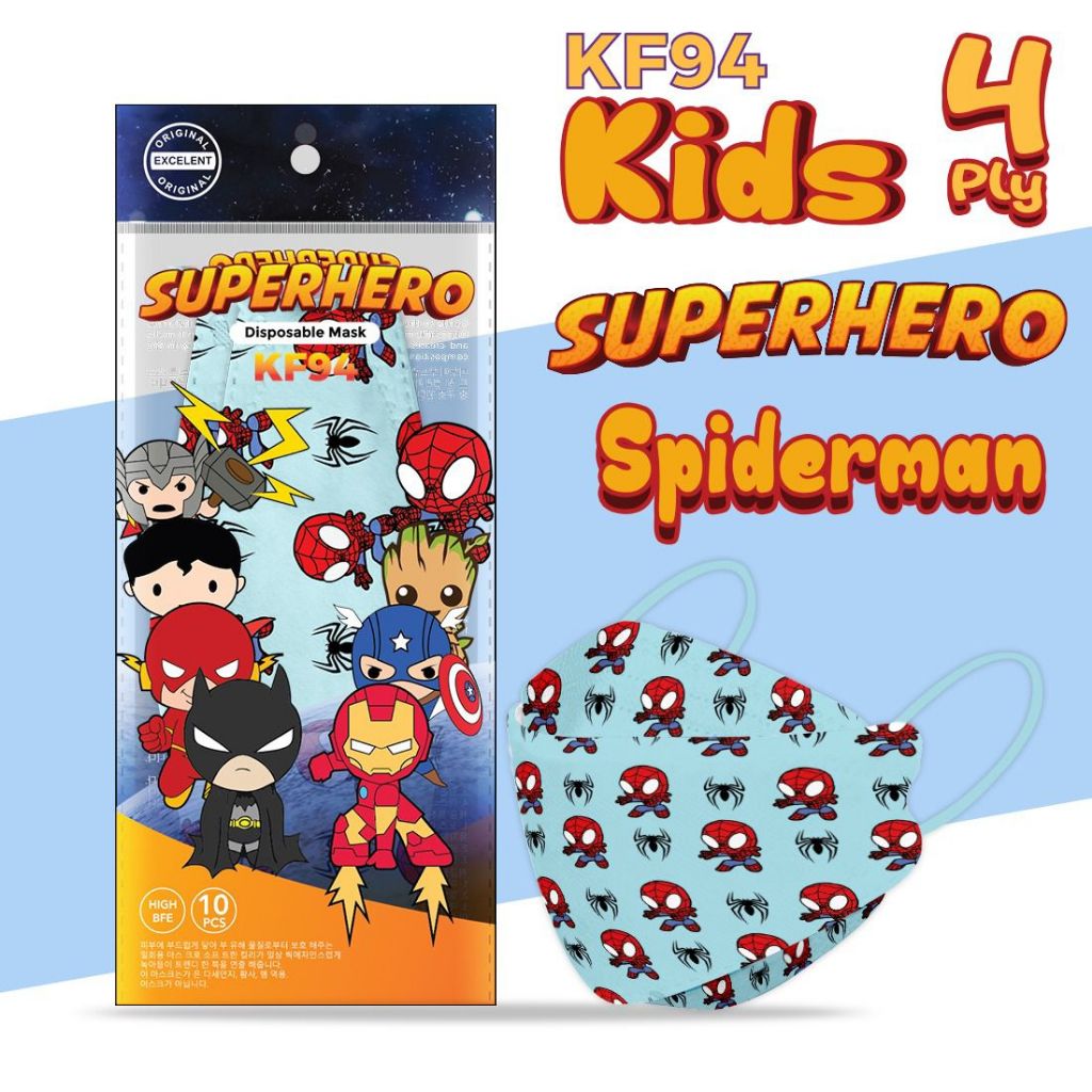 Masker KF94 Anak Superhero Flash Ironman Thor Spiderman Batman Superman Princess isi 10Pcs